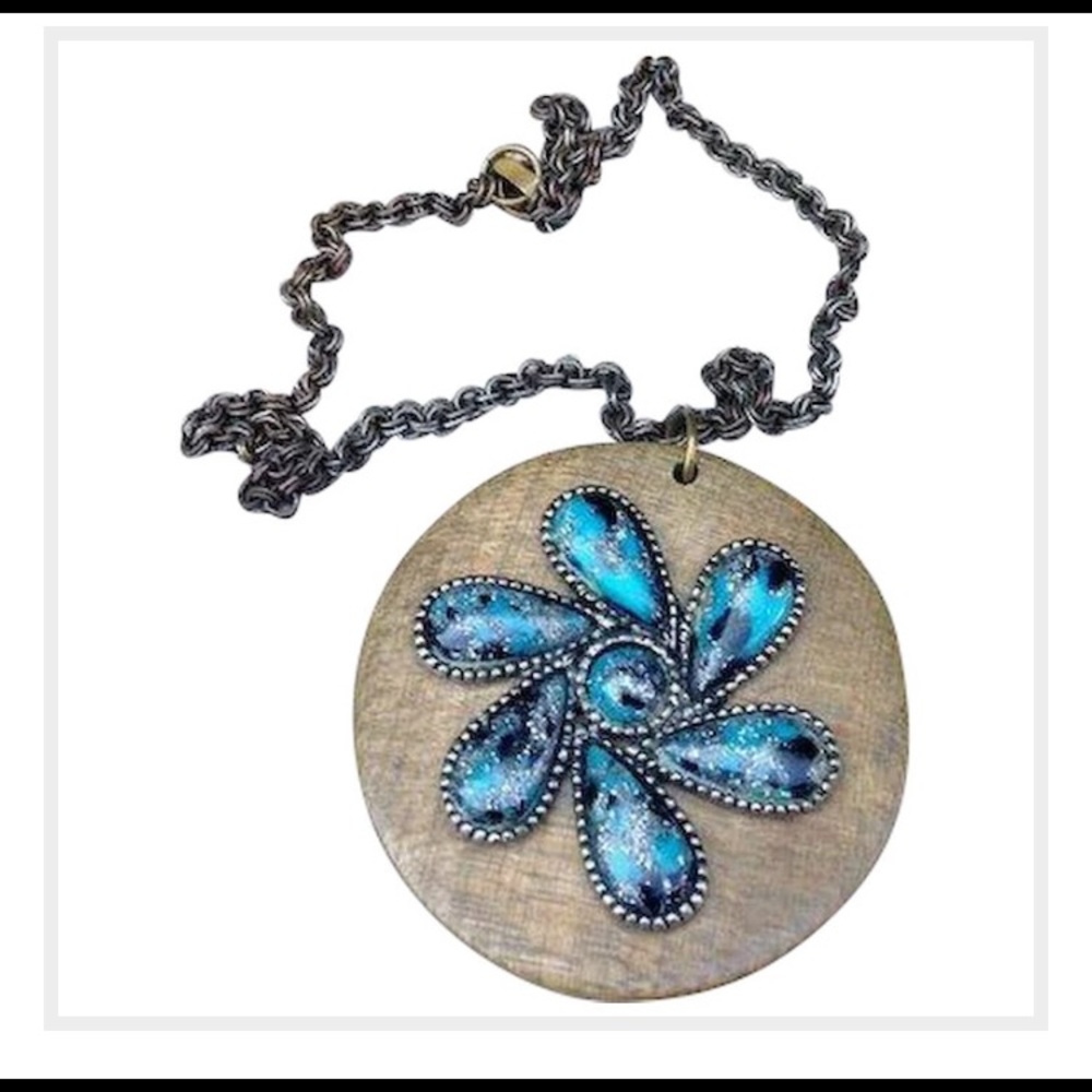 Vintage Wooden Necklace with Aqua Design
